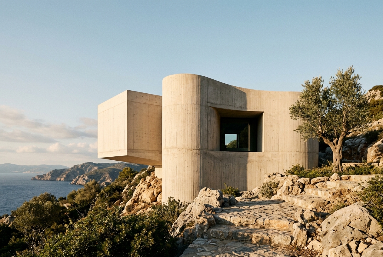 Sculptural warm concrete retreat on a Mediterranean hillside